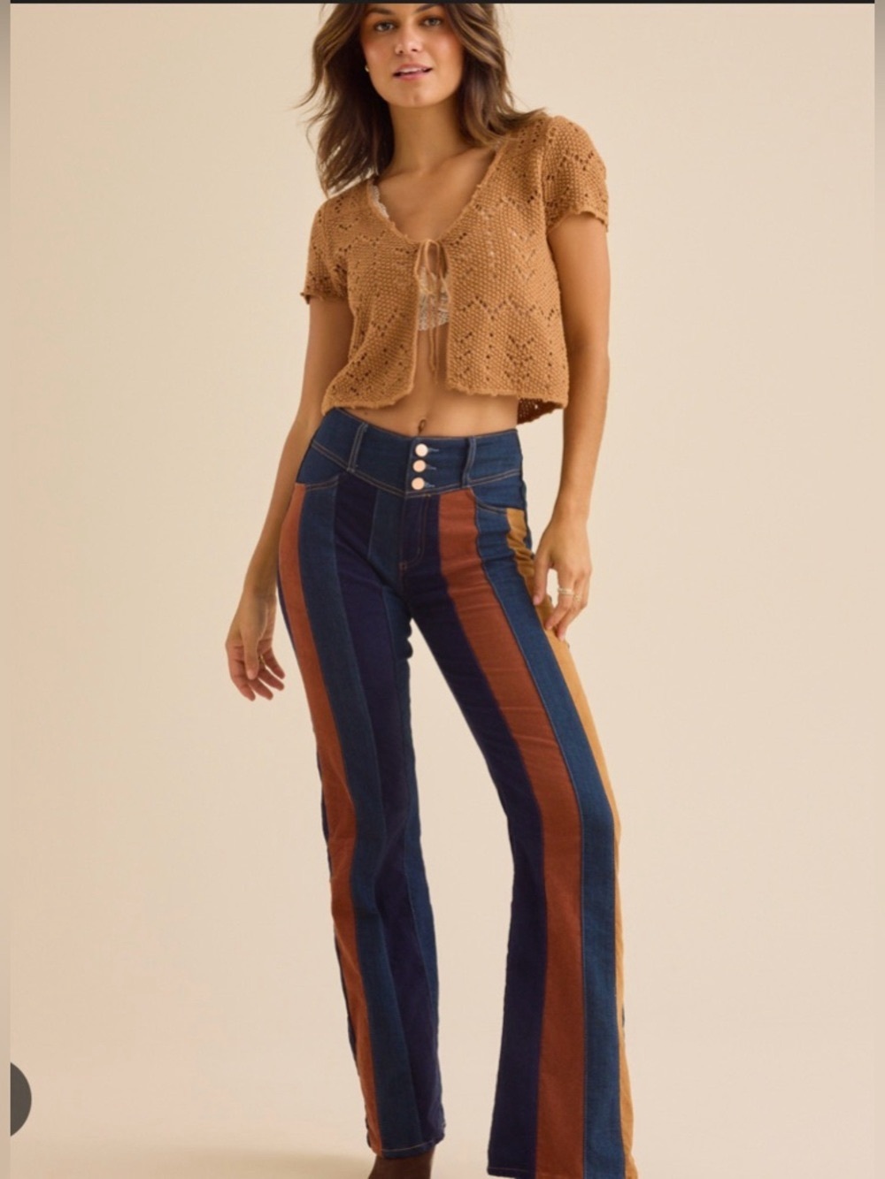 Altar'd State Striped High-Waist Flare Pants in Navy, Rust & Tan